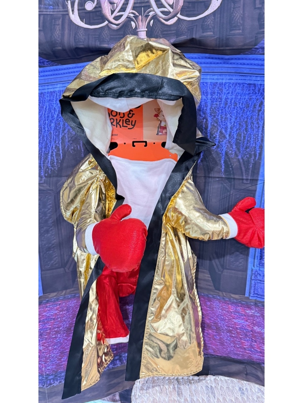 XL Gold Boxing Robe Dog Costume with Red Gloves and Shorts